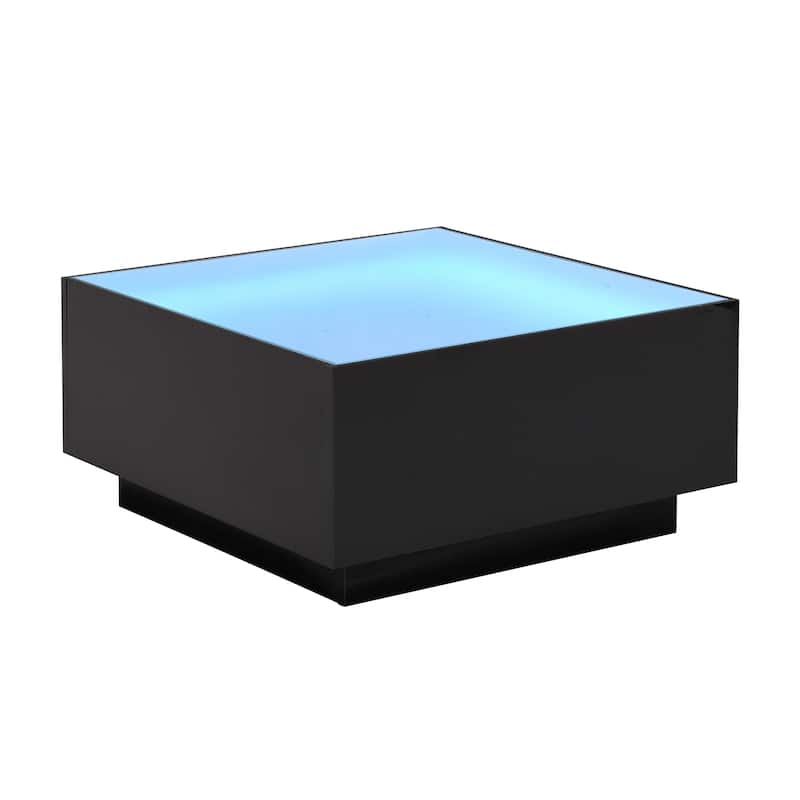 Roomfitters Modern Square Coffee Table with Frosted Tempered Glass, High Gloss Center Table with Adjustable 16-Color Lighting