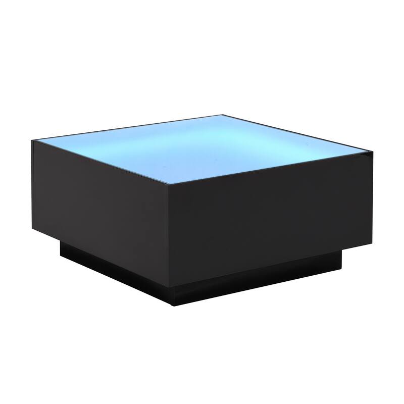 Square High Glossy Coffee Table with LED Strip Lights and Tempered Glass Top