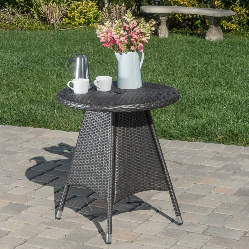Roomfitters Round Wicker Outdoor Side Table with Tapered Base and Metal Feet, All-Weather Rattan Accent, Grey