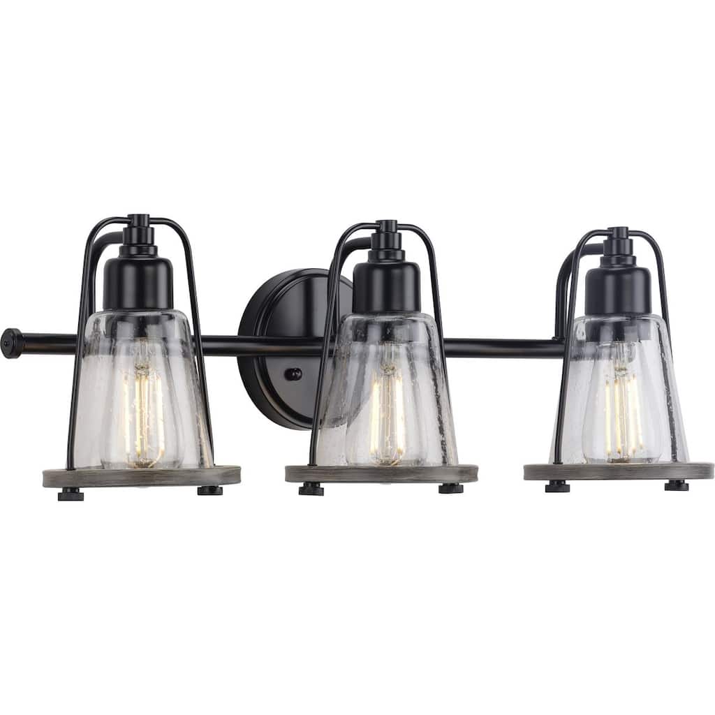 Conway Collection 3-Light Matte Black Clear Seeded Glass Farmhouse Bath Vanity Light