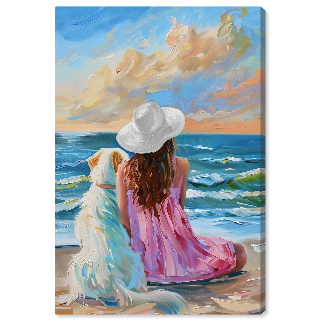Art Remedy Girl And Her Best Friend Gallery Wrapped Colorful Coastal 1 Piece Canvas Wall Art