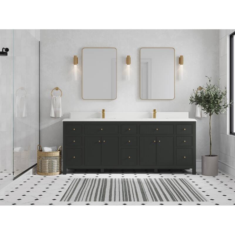 Willow Collections 84 in. W x 22 in. D Sonoma Free Standing Reeded Double Sink Bathroom Vanity with Countertop - 1.5" White Quartz - Black top