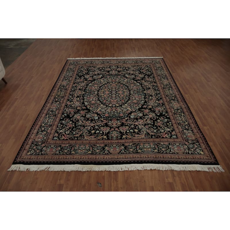 Hand Knotted Oriental 100% Wool Carpet Traditional Floral Black Aubusson Area Rug - 12' 4'' X 9' 0''