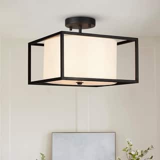 Industrial semi flush mount ceiling light farmhouse close to ceiling light with fabric shade black ceiling lamp