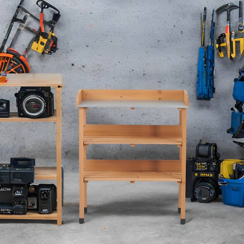 30"x14.5"×35.5" Potting Table w/Metal Tabletop, 3 Layers Outdoor Work Bench w/Hook for Garden, Solid Wood Workstation for Garage