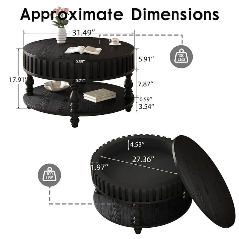 Farmhouse Fluted Coffee Table with Storage and Flip-Top Lids