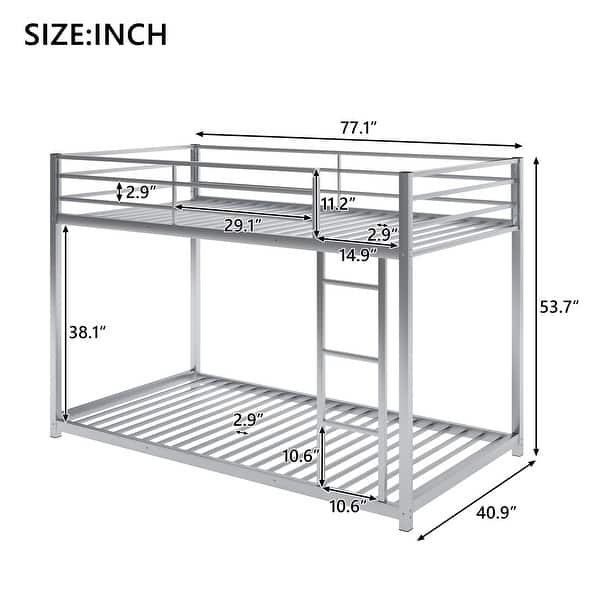 Silver Twin over Twin Size Metal Low Bunk Bed with Ladder and Fence for Kids' Bedroom
