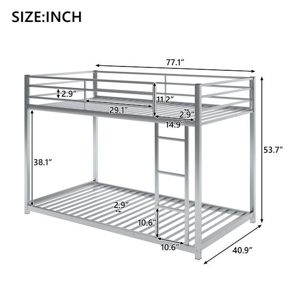 dimension image slide 1 of 2, Twin Metal Low Bunk Bed with Ladder, Silver - Sturdy Steel, Safety Design