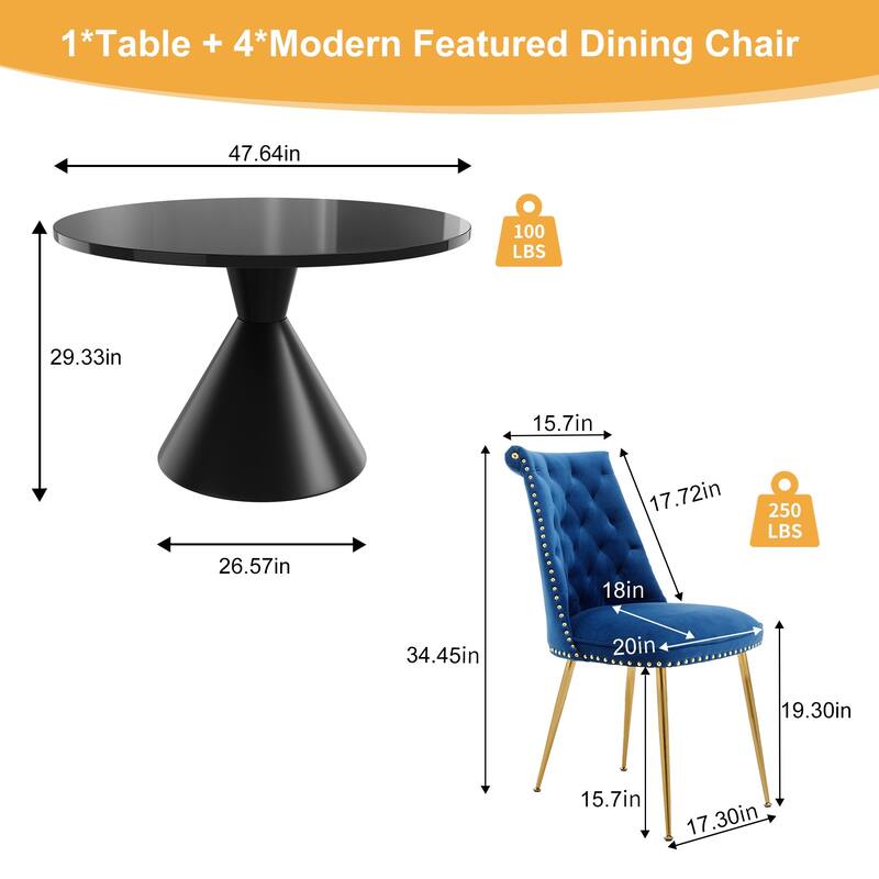 48" Light Luxury Black High Gloss Large Countertop Dining Table with Velvet Dining Chair Set