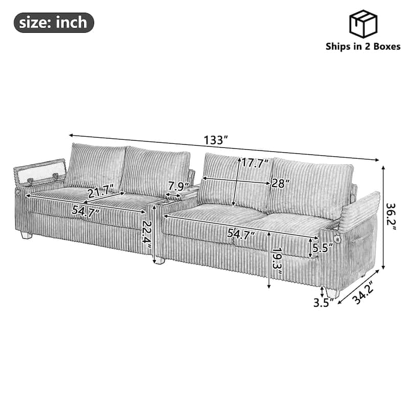 4 Seater Corduroy Sofa Couch with USB Ports and Storage Arms, 133" Modern Sofa with Side Pockets and Flip-Top Cup Holders