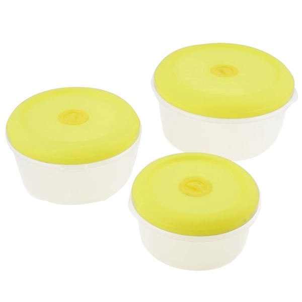 Unique Bargains 3 Pcs Kitchen Yellow Clear Round Plastic Food Case Organizer Microwave Crisper