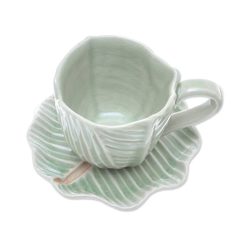 Novica Handmade Tea Leaf Celadon Ceramic Teacup And Saucer