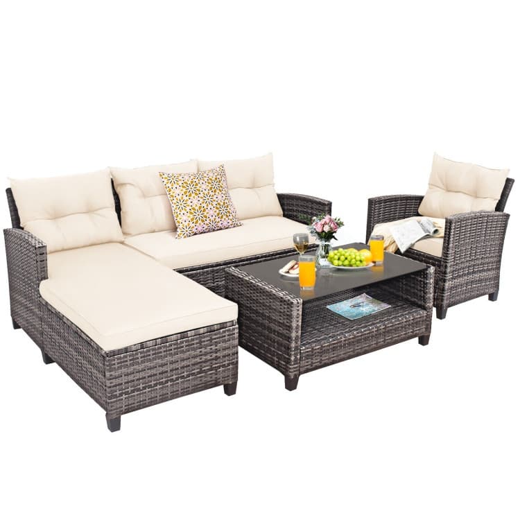 4 Pieces Patio Rattan Furniture Set with Cushion and Table Shelf - 27.5" x 47" x 30" (L x W x H) - Off-White