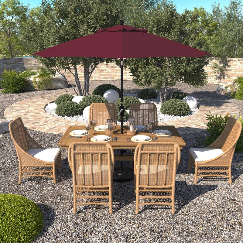 California Umbrella 9' Rd. Aluminum Patio Umbrella, Crank Lift with Push Button Tilt, Black Finish, Pacifica Fabric - Burgundy