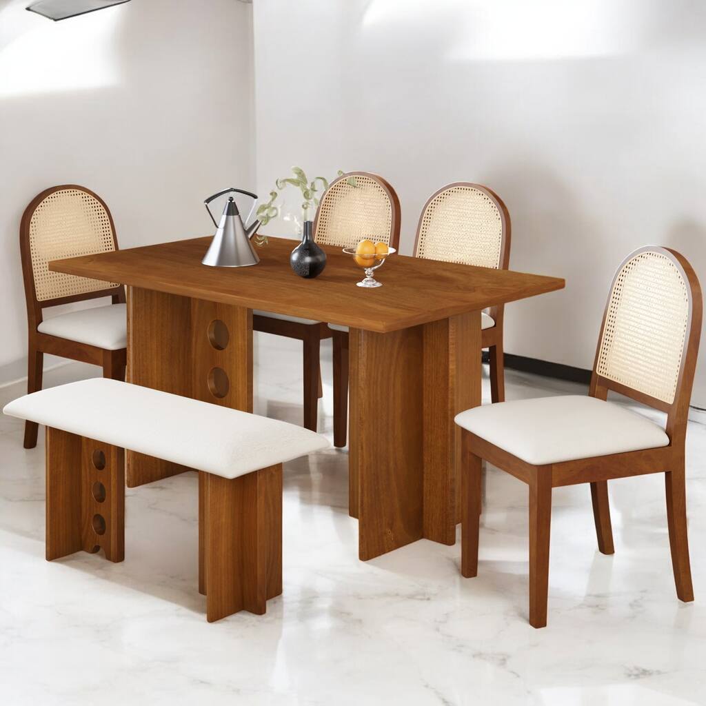 6-Piece Dining Set with Double Pedestal Table, Rattan Back Chairs & Bench, Solid Wood Kitchen Table Set for Dining Room