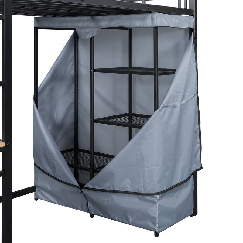 Modern Loft Bed with Desk & Wardrobe, Metal Loft Bed Frame with Shelves, USB Power Outlet, LED Light, for Kids Teens Adults