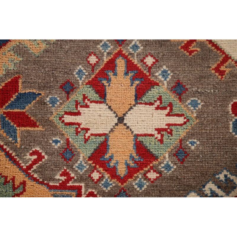 Geometric Brown Kazak Area Rug Handmade Wool Carpet - 6'7" x 9'10"