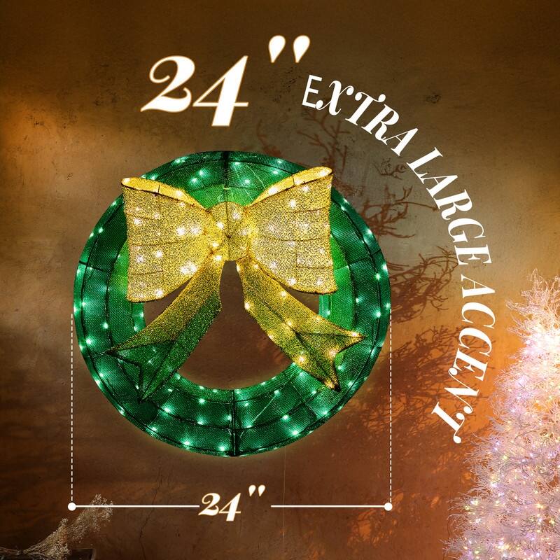 24in Pre-lit Christmas Wreath Decoration, Lighted Metal Wreath,Green and Warm White LED Lights, for Indoor Outdoor Holiday Party