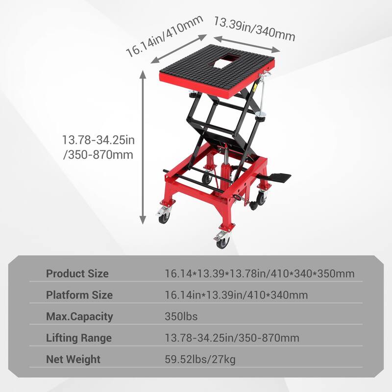 350 lbs Hydraulic Lift Jack,Heavy Duty Hydraulic Motorcycle Lift Jack Table,Scissor Lift Stand with 4 Wheels