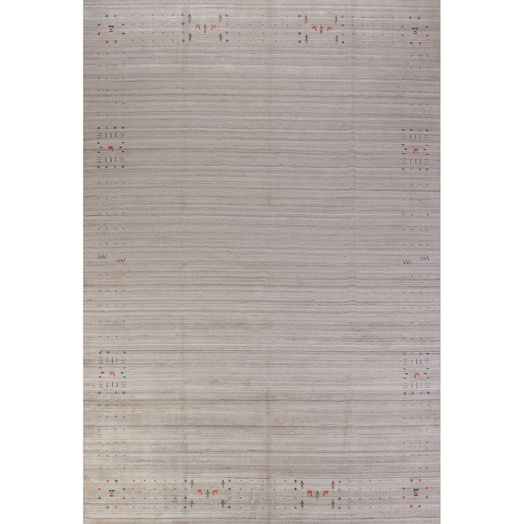Hand Knotted Oriental 100% Wool Carpet Tribal Stripe Beige & Ivories Gabbeh Area Rug - 12' 6'' X 9' 0''