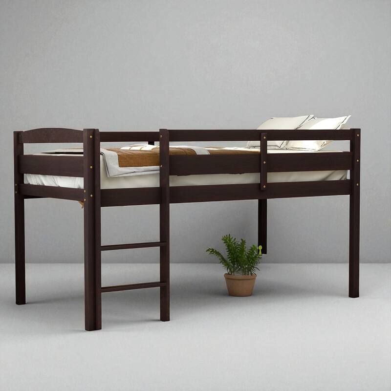 Twin Size Wood Loft Bed with Ladder, Low Loft Bed Frame for Kids and Teens, Space Saving Design
