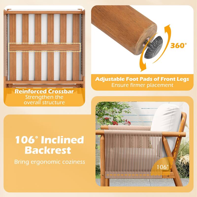 Gymax 2PCS Patio Acacia Wood Chair w/ Woven Rope Armrests & Seat Back