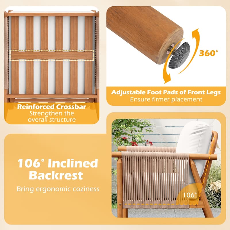 Gymax 4PCS Patio Acacia Wood Chair w/ Woven Rope Armrests & Seat Back