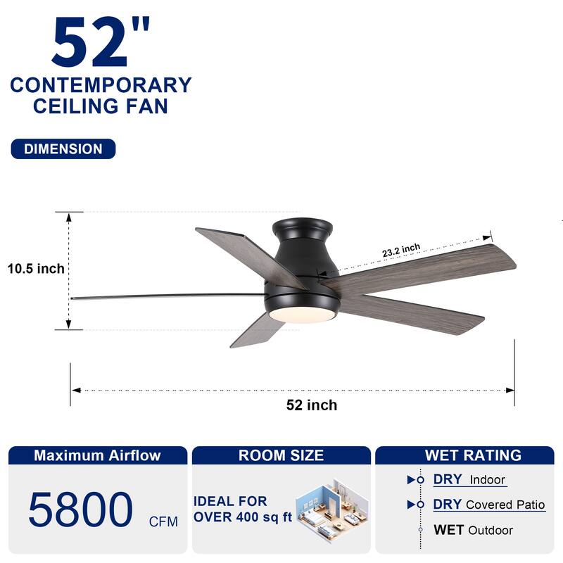 YUHAO AeroLite 48 in. Indoor White Low Profile Standard Ceiling Fan with Bright White Integrated LED Light Kit, Remote Included