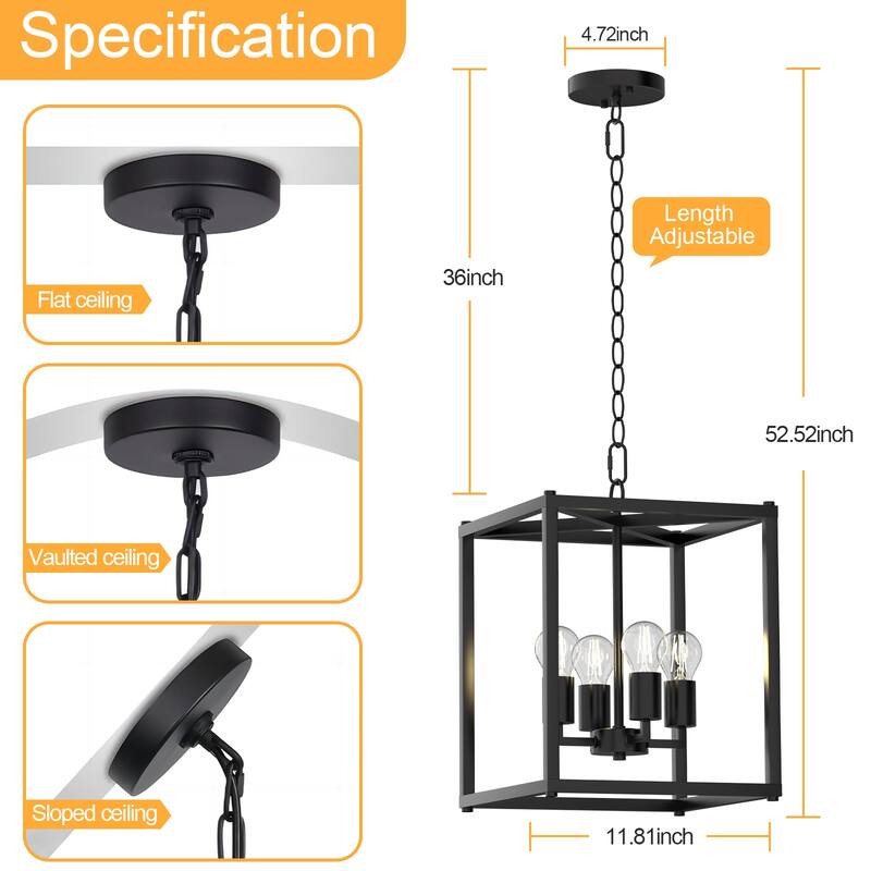 4 Light Square Pendant Light Lantern Chandelier - Gold