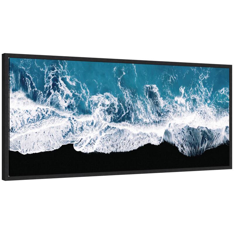 Kate and Laurel Sylvie Minimalist Ocean Waves on the Black Beach in Iceland Framed Canvas by Michael Schauer - 40x18 - Black