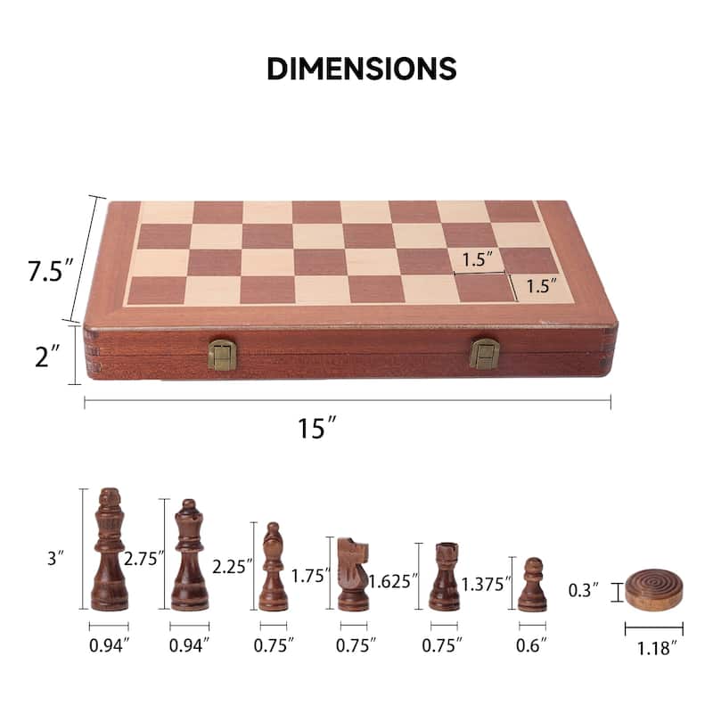 15" Large Wooden Folding 2-in-1 Chess and Checkers Board Game Set with Storage Box