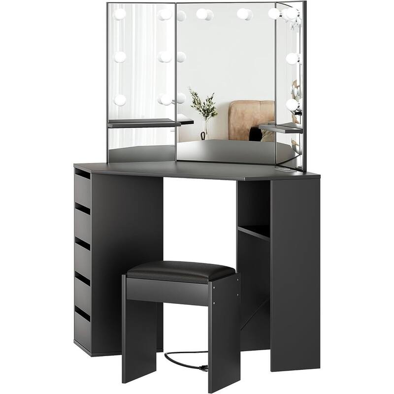 Vanity Desk with Mirror and Lights, Corner Makeup Vanity Desk
