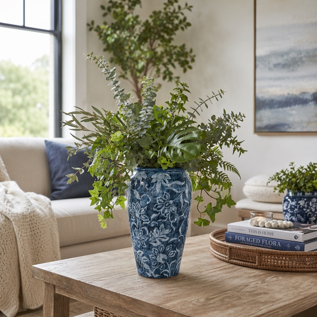 Elegant Floral Patterned Terracotta Pottery Vase - Blue & White