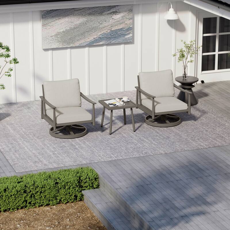 3-Piece Aluminum Patio Conversation Set with Swivel Chairs, Webbing Chair Back and Cushions - Grey