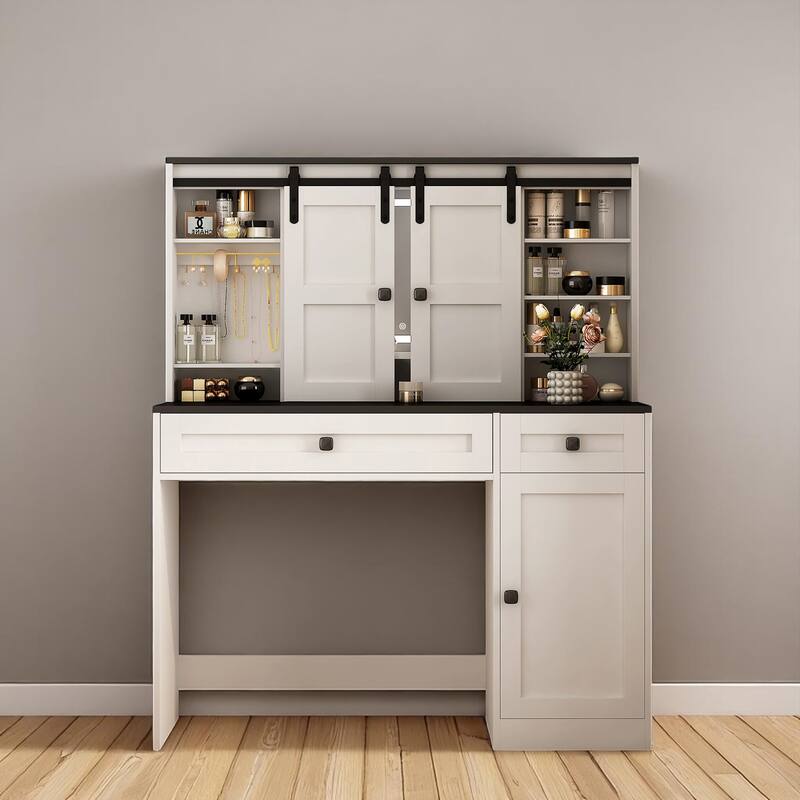 White Dressing Table with LED Mirror, 43" Farmhouse Makeup Vanity with Storage Cabinet & Hair Dryer Shelf