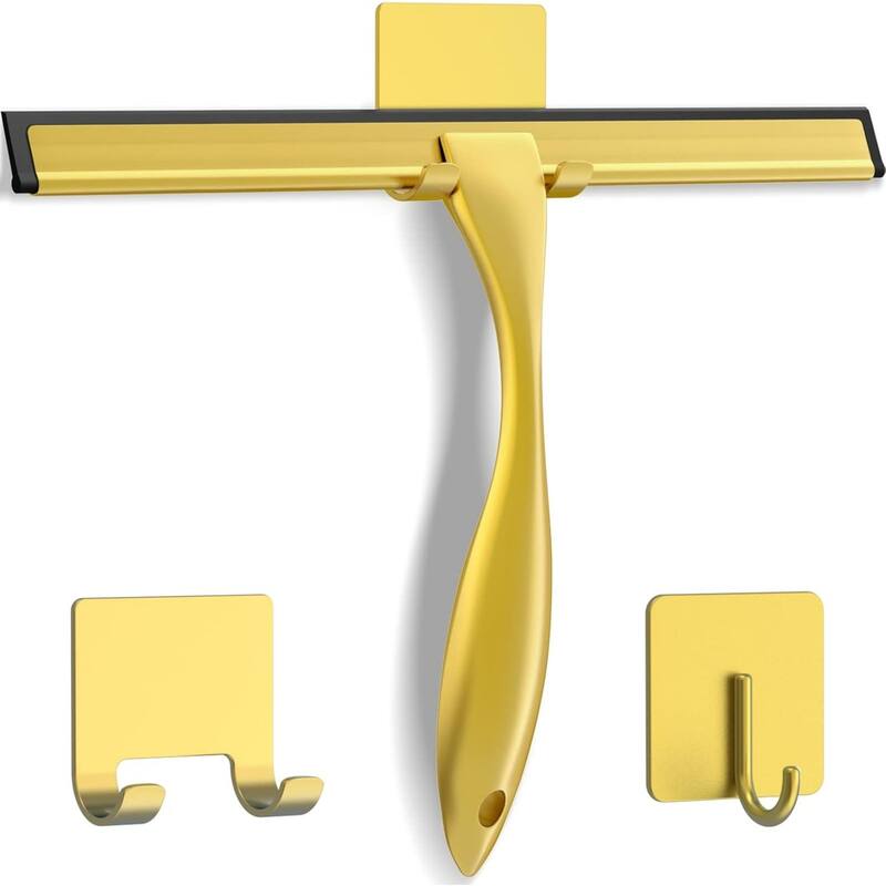 Multi-function Stainless Steel Shower Squeegee with 2 Adhesive Hooks, 10 Inch - Gold