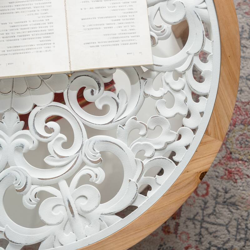 Roomfitters Round Wood Coffee Table with Tempered Glass Top, Curved Leg Center Table with Lower Shelf for Living Room, Natural