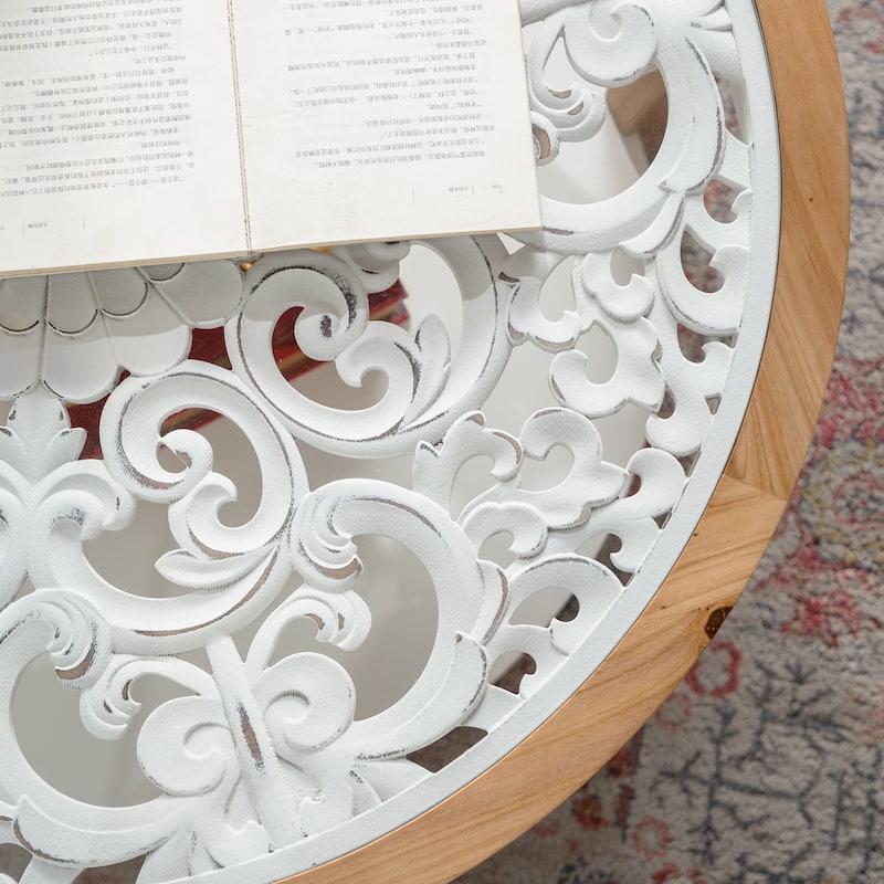 Round Wood Coffee Table with Glass Top, Solid Wooden Circle Center Table with Curved Legs & Removeable Tempered Glass top