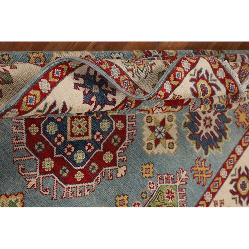 Traditional Light Blue Geometric Kazak Rug Hand-Knotted Wool Carpet - 4'11" x 6'9"