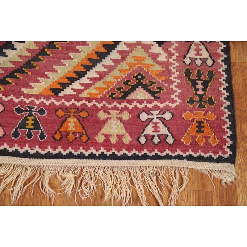 100% Pink Geometric Kilim Persian Vintage Area Rug Wool Carpet - 5'5"x 9'2"