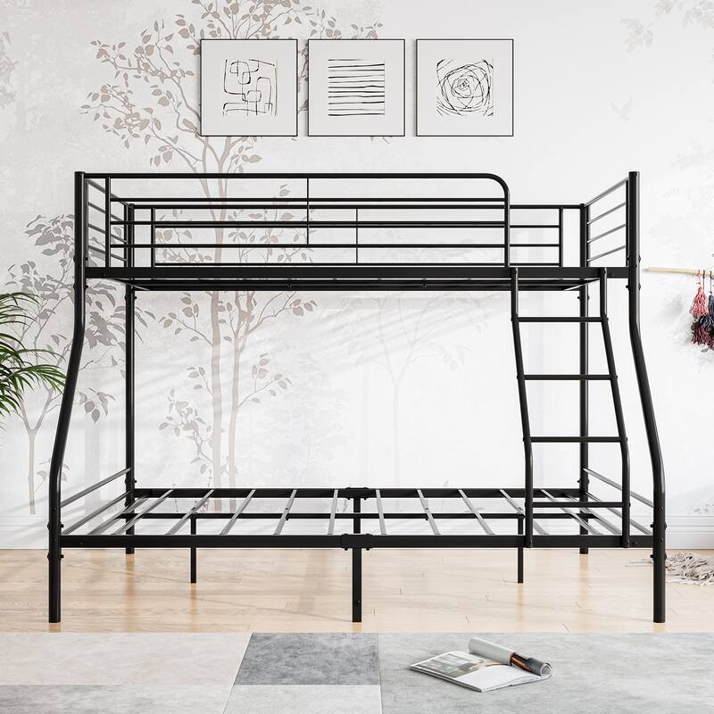 Sturdy Metal Twin-Over-Full Bunk Bed Frame with Safety Guardrails and Inclined Ladder, No Box Spring Required