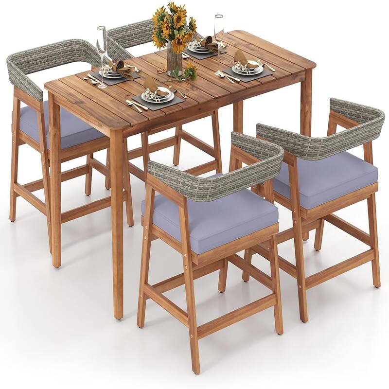 Gymax 5PCS Patio Dining Set Solid Wood Furniture w/ Rattan Backrest &