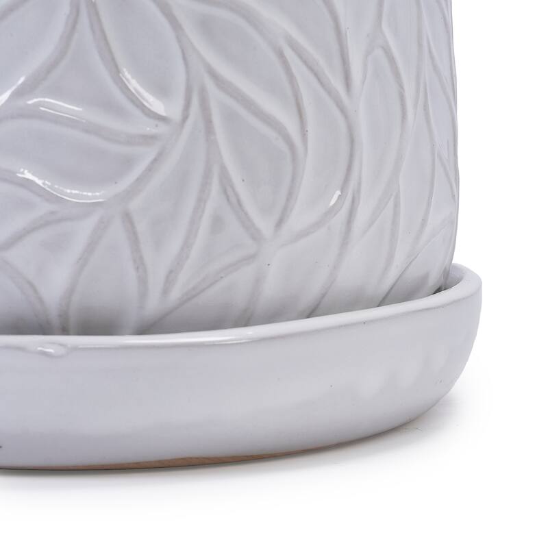 Set of 2 Handmade Modern Embossed Leaf Ceramic Planters with Saucers