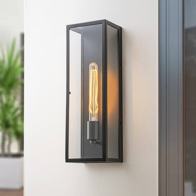 1-Light Matte Black Rectangular Iron & Glass IP44 Outdoor Wall Sconce for Patio - 1 Lighgt
