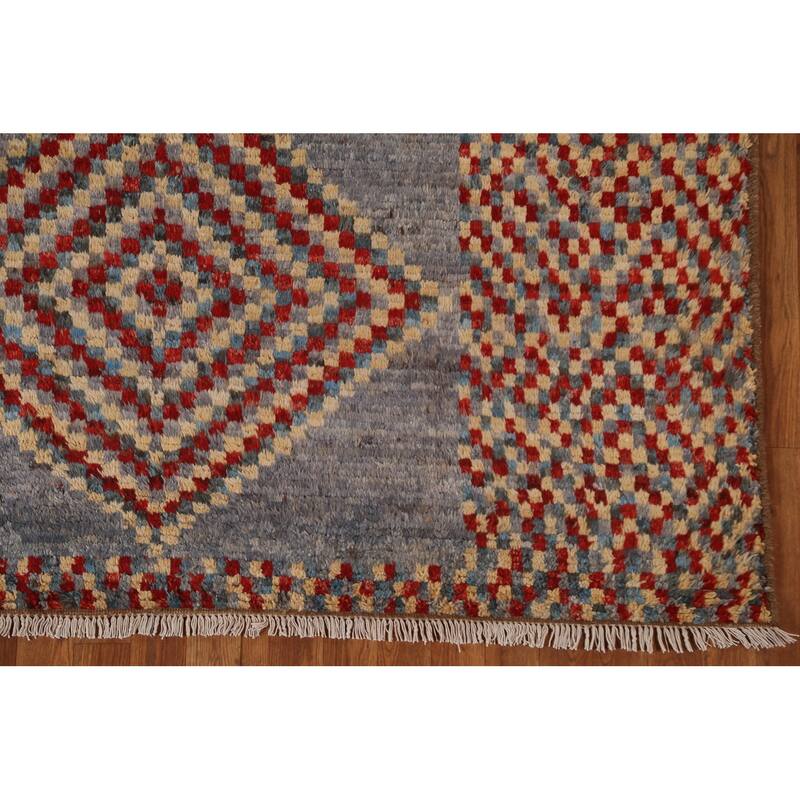 Hand Knotted Oriental 100% Wool Carpet Modern Geometric Greys & Charcoal Moroccan Area Rug - 9' 8'' X 6' 4''