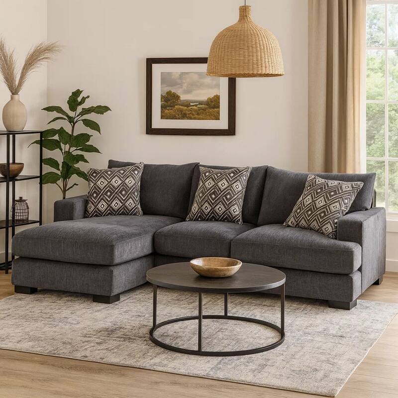 L Shaped Sectional with T Cushioned Seat, Gray
