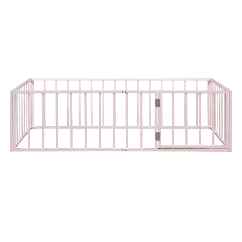 Metal Floor Bed Frame with Fence and Door for Kids' Bedroom