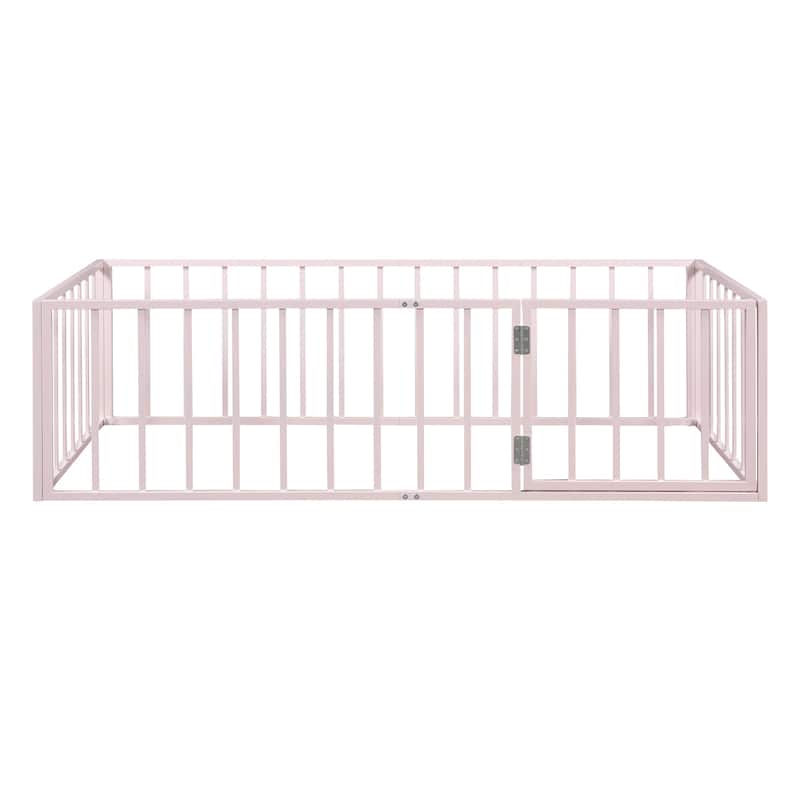 Twin Size Metal Floor Platform Bed Frame with Fence and Door, Fun and Sturdy Play Bed for Kids, Bedroom Furniture for Toddlers