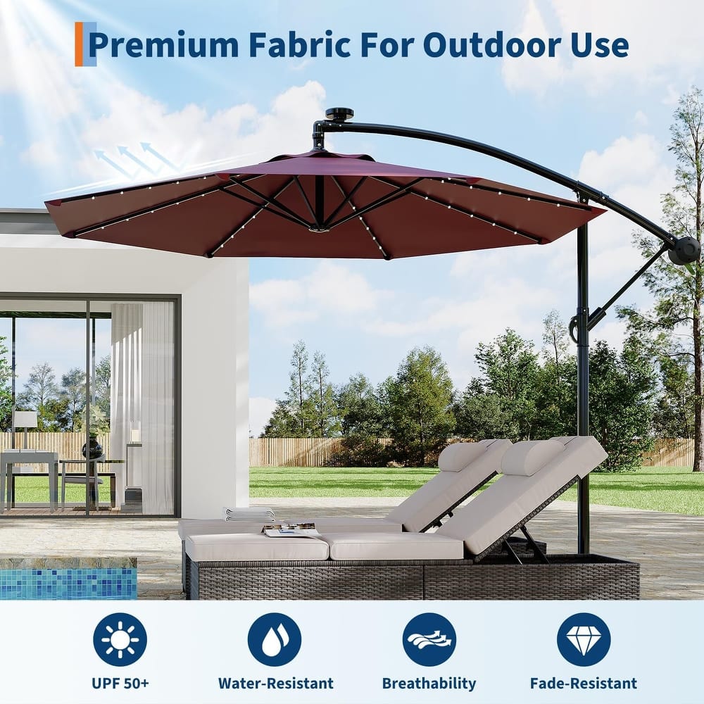 Coromose 10FT Solar Cantilever Patio Umbrella, 8 Ribs, 32 LED Lights