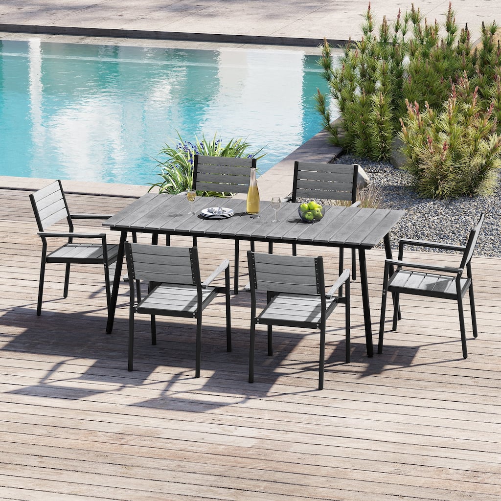 7-Piece Outdoor Dining Set Aluminum Rectangle Patio Dining Table with Umbrella Hole and Stackable Chairs